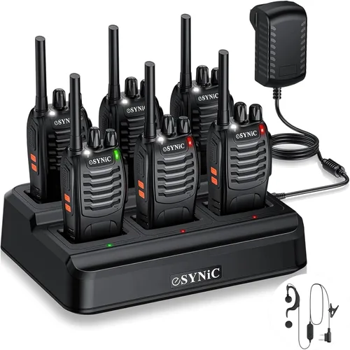 Vista 11 de eSynic Walkie Talkies recargables con auriculares, 2 radios bidireccionales de largo alcance de 16 canales USB de carga, transceptor de mano Walky