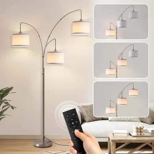 Vista 10 de Lámpara de pie con control remoto, lámparas de pie de arco de 3 luces para sala de estar, lámparas de pie altas de 2400 lm con pantallas blancas