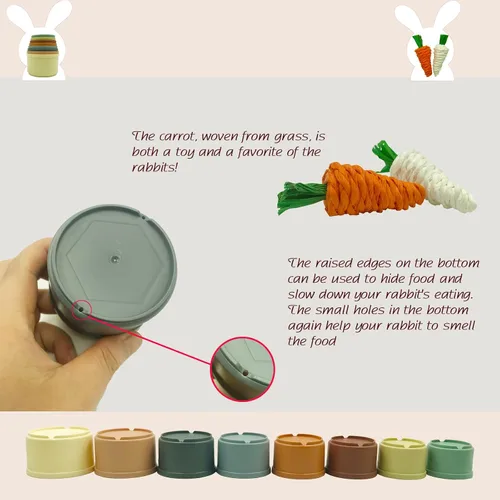 Vista 7 de KYHSOM 8 tazas apilables para conejos – 2 juguetes de conejo de rábano – diferentes tamaños y colores de tazas apilables reutilizables de conejo
