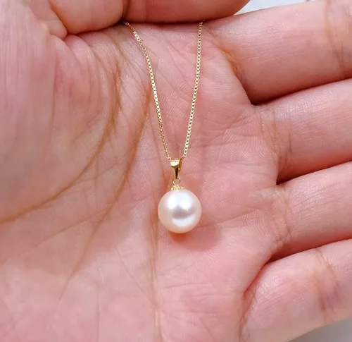Vista 3 de 18k Gold Pearl Pendant with 14k Gold Box Chain Necklaces for Women Jewelry Gifts for MotherWife Christmas Present for Her 18 Inch 9 mm Freshwater