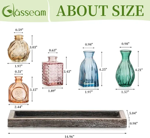 Vista 3 de Glasseam Jarrones de cristal para flor: 5 coloridos jarrones pequeños con bandeja de madera rústica para el hogar, oficina, sala de estar, baño