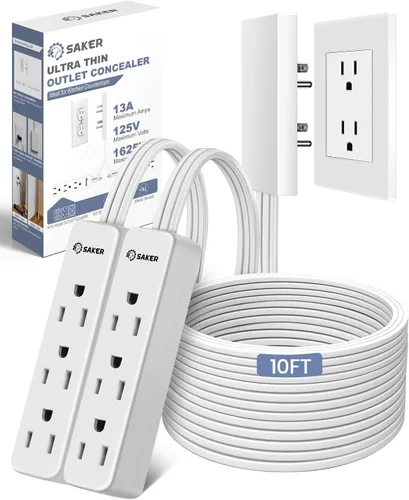 Vista 13 de Saker Cable de extensión doble de 5 pies plano con 6 tomas, 1625W Cable de extensión con cubierta de toma, enchufe plano, a prueba de bebés