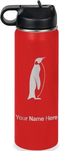 Vista 34 de LaserGram Botella de agua personalizada, pingüino, acero inoxidable de doble pared aislada al vacío con popote superior, regalo grabado