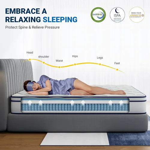Vista 5 de Avenco Colchón híbrido King de 10 pulgadas en caja con espuma viscoelástica de gel y bobinas de bolsillo individuales, colchón de cama King