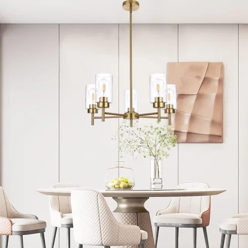Vista 7 de Candelabro de granja de 5 luces para comedor, isla de cocina, modernos candelabros colgantes de latón cepillado con pantallas de vidrio transparente