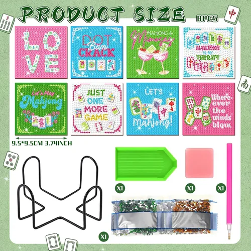 Vista 3 de Purpeak 8 posavasos de diamante Mahjong DIY pintura de diamantes posavasos arte Mah Jong posavasos con soporte para taza Mahjong mesa de bebidas