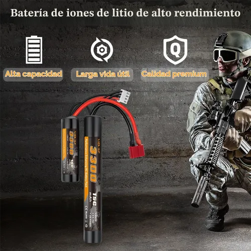 Vista 4 de Batería de airsoft de 3300mAh 11.1V en forma de nunchaku con conector en T estilo Dean y cable mini Tamiya 3S recargable en forma de mariposa