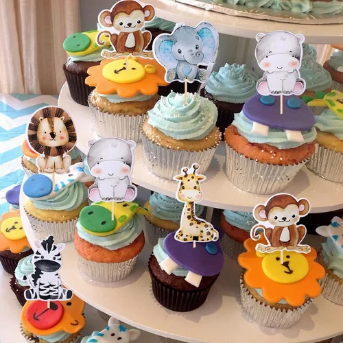 Vista 4 de 36 piezas de decoración para cupcakes de animales de la jungla, león, mono, cebra, hipopótamo, jirafa, elefante, temática de bosque, púas