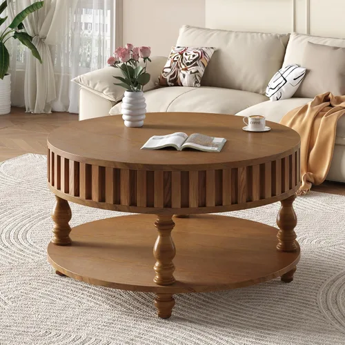 Vista 14 de Mesa de centro redonda de madera de 31.49 pulgadas con almacenamiento, mesa de centro circular acanalada de 2 niveles con tapa y estante para sala