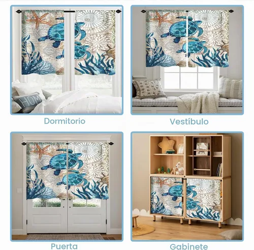 Vista 4 de Cortinas cortas de cocina con diseño náutico de tortugas marinas azules y playas, media cortina de baño para dormitorio, juego de 2 paneles de 27.5