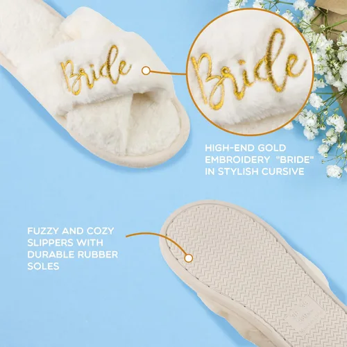 Vista 6 de Bride Slippers and Bridesmaid Slippers Bride Gifts for Bridal Shower, Bachelorette Party, Engagement Party, Wedding Day, etc. Cozy White Fur Bride