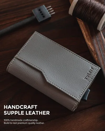 Vista 4 de VULKIT Tarjetero con ventana de identificación, tarjetas emergentes, delgada, de cuero, con protección RFID, hasta 12 tarjetas, funda para tarjetas