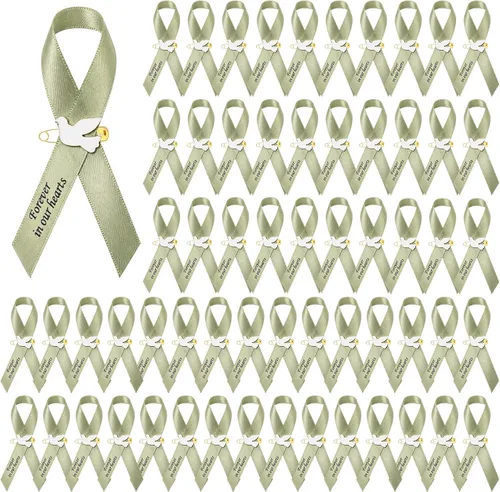 Vista 14 de 50 piezas de cintas de funeral de paloma, cintas conmemorativas de funeral, alfileres de servicio conmemorativo clásico, cinta de respeto con moño