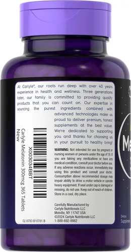Vista 3 de Carlyle Melatonina 300 mcg 365 Tabletas Dosis baja Vegetariana, sin OMG, sin gluten
