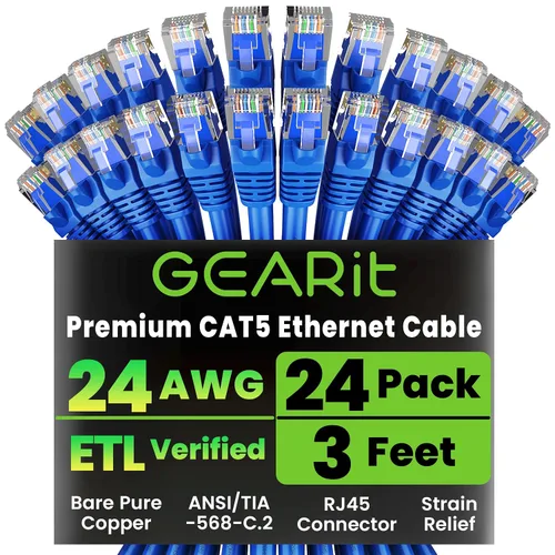 Vista 17 de GEARIT Paquete de 24 cables de conexión Ethernet Cat5e de 1 pie - Cable de red LAN RJ45 sin enganches, color negro