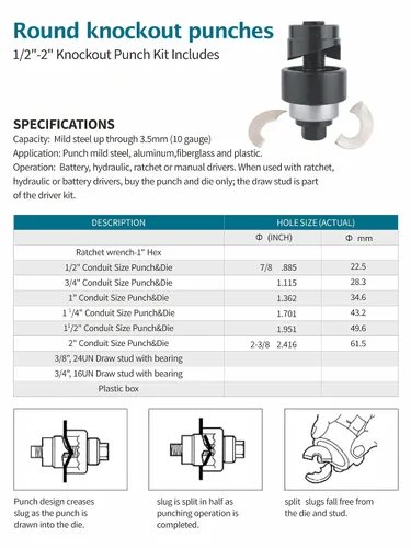 Vista 2 de AMZCNC Kit de destornillador de punzón de perforación manual 1/2 a 2 pulgadas Juego de cortador de agujeros para conductos eléctricos KO Kit