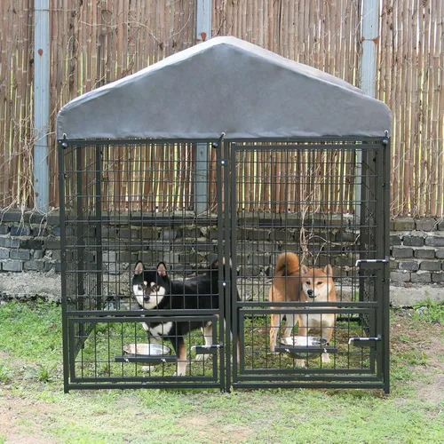 Vista 7 de Perrera para perros al aire libre de 4.5 x 4.5 x 4.9 pies con techo y soportes giratorios para tazones, recinto de metal grande para perros, casa
