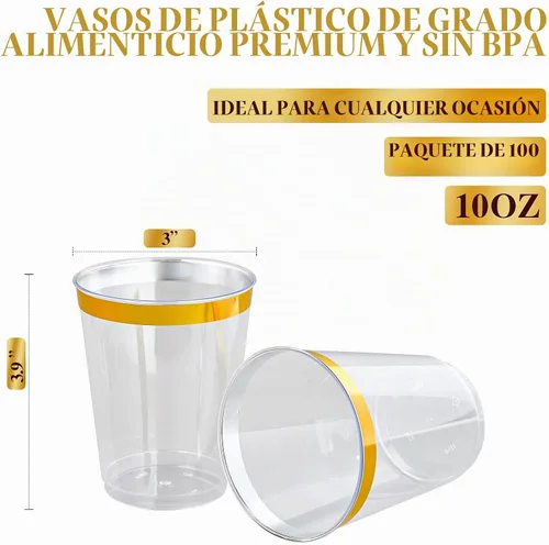 Vista 2 de FOCUSLINE Vasos de plástico dorado de 10 onzas, vasos desechables de plástico duro transparente, borde dorado, resistentes, reutilizables, 100