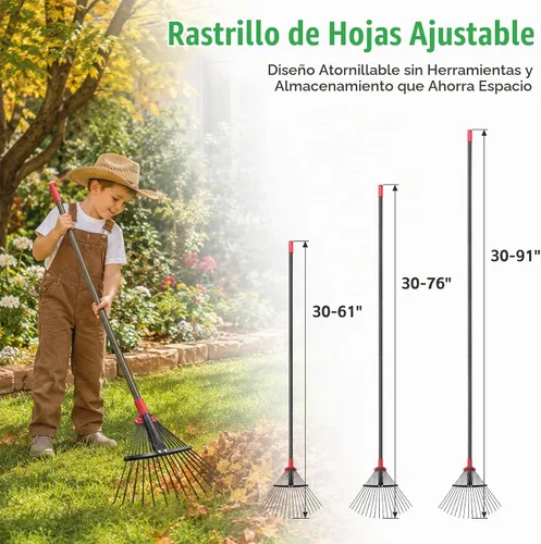 Vista 7 de Rastrillo de 61 pulgadas para hojas, 18 dientes ajustables con cabeza expandible, rastrillo de césped de 9 a 18 pulgadas, rastrillos de metal