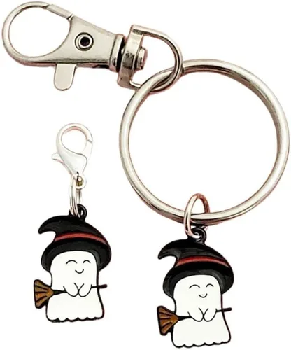 Vista 8 de Happy Ghost Witch Zipper Pull or Keychain Keyring in Black & White Enamel with Black Base