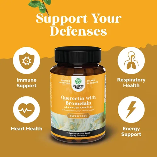 Vista 4 de Paquete de quercetina pura con suplemento de bromelina + cápsulas de 500 mg para apoyo inmunológico y respiración y zinc de 50 mg – Mejora