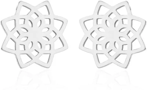 Vista 2 de Aretes de tuerca de acero inoxidable con diseño geométrico de flor de loto y flor de loto para mujer Dorado