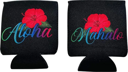Vista 2 de Aloha Hawaii Hibiscus & Mahalo - Fundas enfriadoras de latas de cerveza (paquete de 2) y 1 calcomanía Aloha - Fundas enfriadoras de latas de cerveza