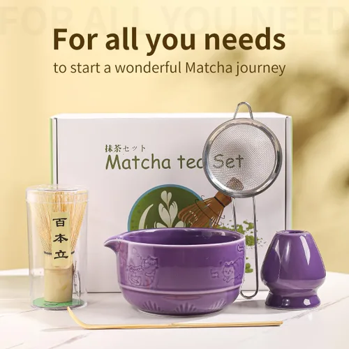 Vista 8 de Juego de té matcha tradicional con batidor de bambú, cuenco y soporte de cerámica morado, estilo japonés de 3 piezas (púrpura)