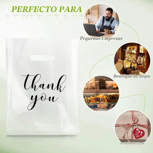 Vista 3 de Crtiin 100 piezas de bolsas de mercancía transparentes con texto "Thank You" y asas troqueladas para compras, bolsas de plástico para embalaje