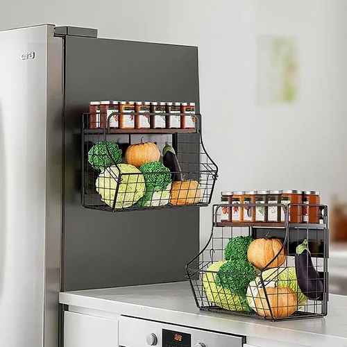 Vista 6 de MOJOHAND Estante magnético para refrigerador con tapa de madera, papelera de almacenamiento de papas y cebollas, organizador y almacenamiento