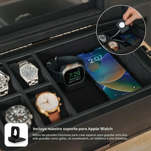 Vista 4 de CASE ELEGANCE Edición Negra Caja Organizadora Militar de 10 Ranuras para Relojes para Hombres, Parte Superior de Cristal Real, Bandeja Modular Negro