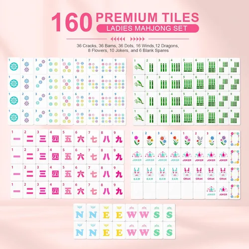 Vista 6 de Mahjong - Juego de azulejos de 160 unidades, acrílico rosa brillante