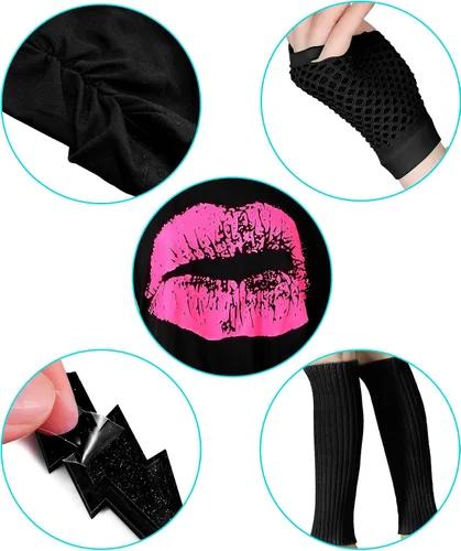 Vista 4 de Blulu 80s Costume Accessories for Women Halloween Outfit Dress Neon Leg Warmers Fishnet Gloves T-shirt Tutu Headband