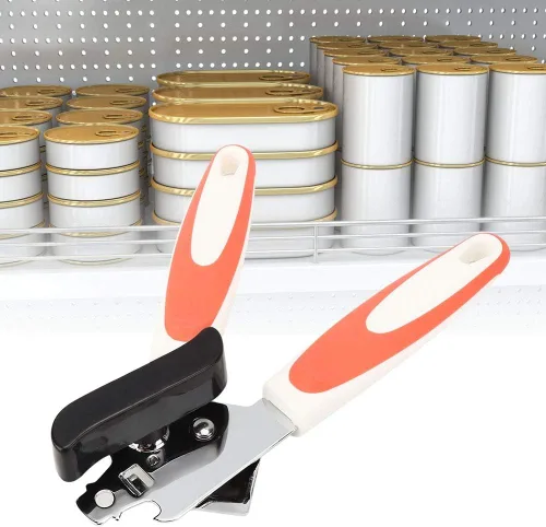 Vista 4 de Abrelatas manual, abrelatas de acero inoxidable, apto para alimentos, tapas de lata multifunción con mango antideslizante y perilla grande, borde