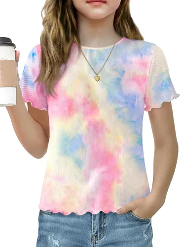 Vista 18 de Arshiner Camisas de manga corta con ribete de lechuga para niñas, camisetas de verano acanaladas con cuello redondo Blanco