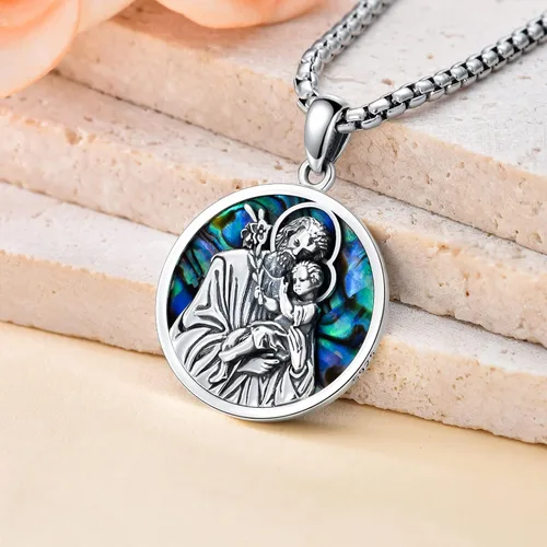 Vista 2 de Shusukue Collar con colgante de plata de ley 925 con concha de abulón medalla redonda de San Miguel Jude Antonio Pedro para hombres mujeres niños