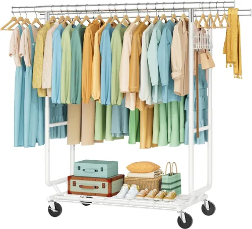 Vista 10 de Hoctieon Perchero de doble varilla de montaje en 2 minutos, estante resistente para ropa con ruedas, plegable para uso comercial, barra extensible