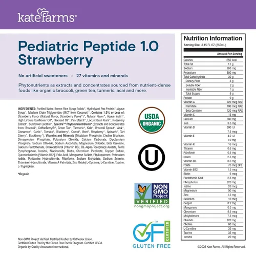 Vista 2 de KATE FARMS Fórmula de Péptidos Pediátricos Orgánicos 1.0, Fresa, Nutrición Hidrolizada a Base de Plantas de Fuente Única para Alimentación Oral
