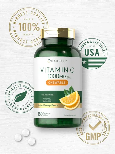 Vista 5 de Carlyle Masticables de vitamina C 1000 mg 180 tabletas Vegetariano, sin OMG, suplemento sin gluten