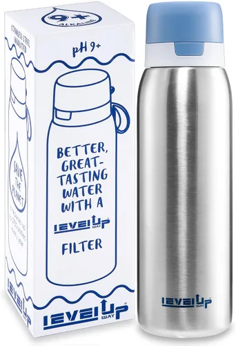 Vista 8 de Level Up Way Botella de agua de acero inoxidable de alta calidad de 25 onzas con filtro, sin BPA, esenciales de viaje, filtro de agua alcalino pH 9+