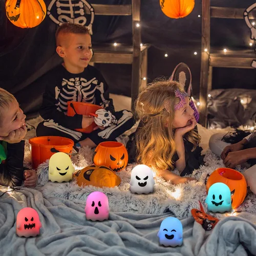 Vista 5 de Wondise Velas parpadeantes sin llama de Halloween con control remoto y temporizador, velas de té que cambian de color, velas LED espeluznantes