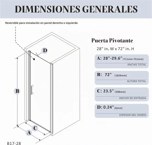 Vista 2 de Puerta de ducha de baño, puerta de ducha de vidrio templado sin marco, panel de ducha de 28" de ancho x 72" de alto, puerta de ducha batiente simple