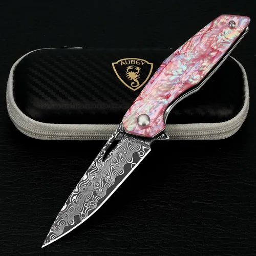 Vista 9 de Cuchillo de bolsillo de Damasco AUBEY con clip, cuchillos plegables con hoja de acero Damasco VG10, mango de madera, cuchillos EDC plegables