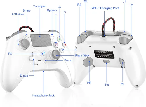 Vista 7 de Dinosoo Controlador con cable de 10 pies, almohadilla táctil múltiple y botones traseros para PS5/PS4/PC - Turbo, Macro, conector de 0.1 in (blanco)