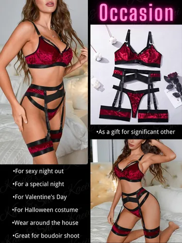 Vista 93 de Kaei&Shi - Lencería con liguero para mujer, conjunto de encaje traslúcido y sexy de 4 piezas combinadas