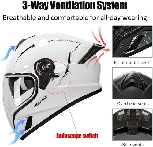 Vista 3 de Casco integral Bluetooth para motocicleta aprobado por DOT, casco modular para motocicleta con visera solar incorporada, puertos de ventilación