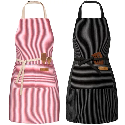 Vista 21 de Paquete de 2 delantales ajustables con peto, delantales de chef para cocina, restaurante, con 2 bolsillos, delantales para mujeres y hombres