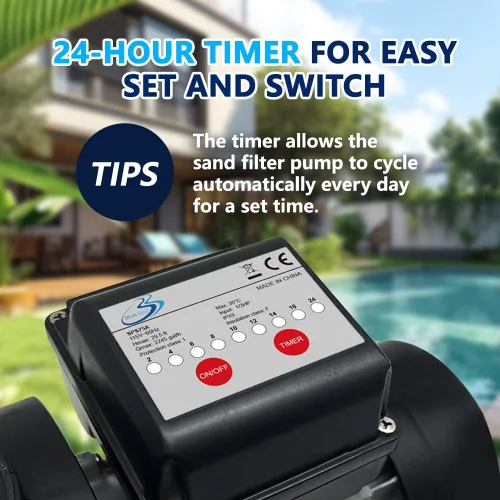 Vista 3 de BlueBay Bomba de filtro de arena de 13 pulgadas, 1/3 HP 1850 GPH con temporizador, válvula de 7 vías y cesta coladora para piscinas sobre el suelo
