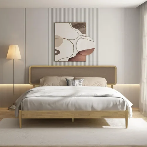 Vista 7 de Lupin - Base de cama de madera con cabecero, base de madera de roble macizo y goma con listones silenciosos y soportes centrales de madera, Negro