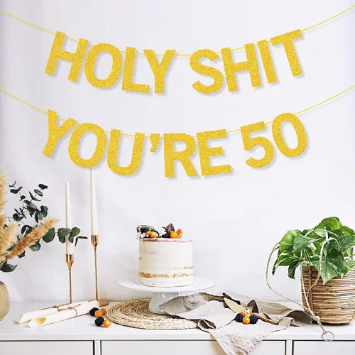 Vista 3 de Decoraciones de fiesta de 50 cumpleaños, pancarta para mujeres y hombres, cartel de decoración de fiesta de cumpleaños con purpurina dorada